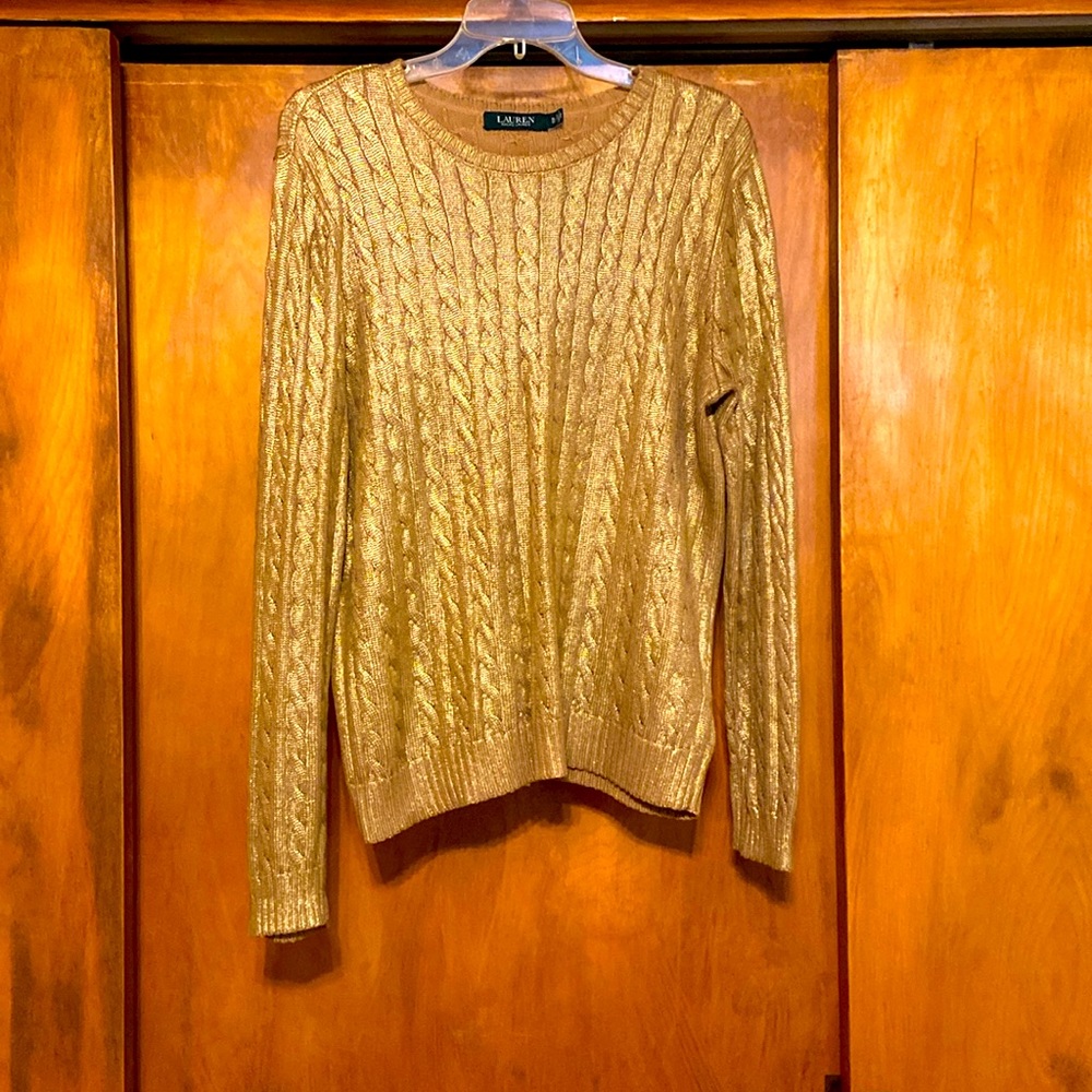 Lauren gold metallic crew neck cable sweater. XL